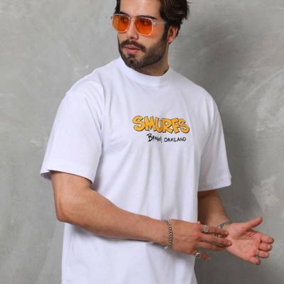 Erkek Kısa Kol Yazlık Tişört Bisiklet Yaka Baskılı Oversize T-Shirt - Beyaz