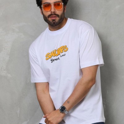 Erkek Kısa Kol Yazlık Tişört Bisiklet Yaka Baskılı Oversize T-Shirt - Beyaz
