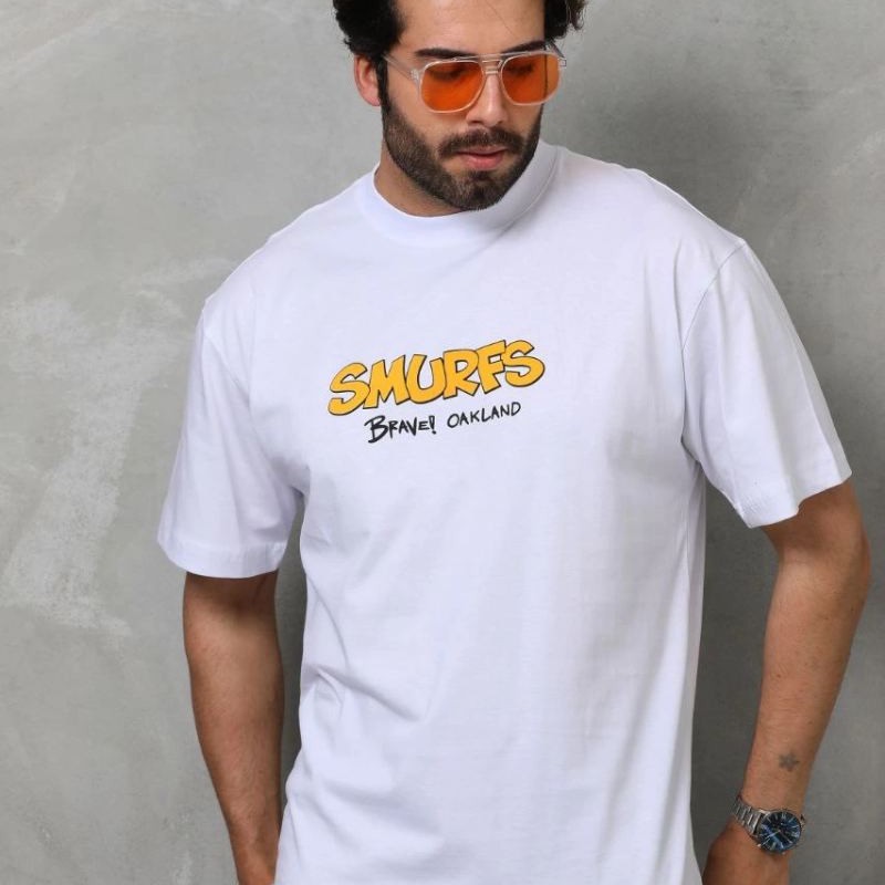 Erkek Kısa Kol Yazlık Tişört Bisiklet Yaka Baskılı Oversize T-Shirt - Beyaz