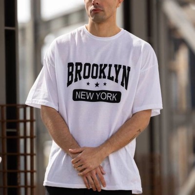 Erkek Kısa Kol Yazlık Tişört Bisiklet Yaka Baskılı Oversize T-Shirt - Beyaz