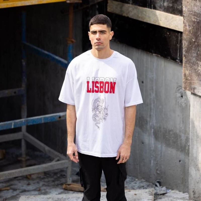 Erkek Kısa Kol Yazlık Tişört Bisiklet Yaka Baskılı Oversize T-Shirt - Beyaz