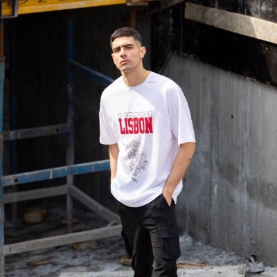 Erkek Kısa Kol Yazlık Tişört Bisiklet Yaka Baskılı Oversize T-Shirt - Beyaz