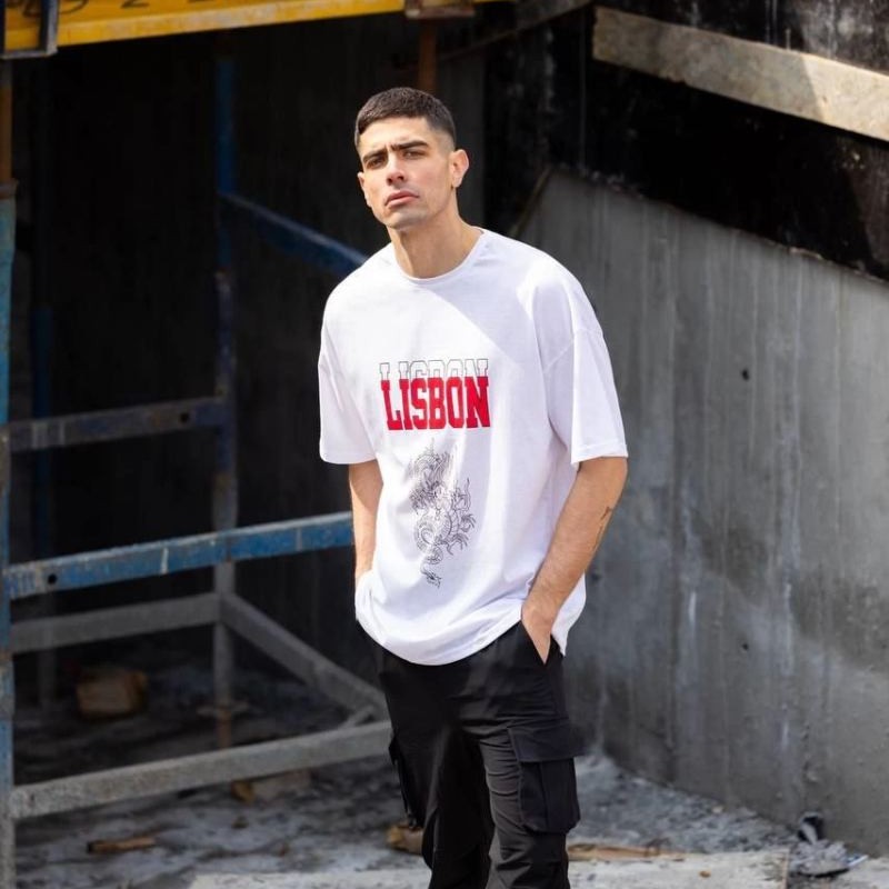 Erkek Kısa Kol Yazlık Tişört Bisiklet Yaka Baskılı Oversize T-Shirt - Beyaz