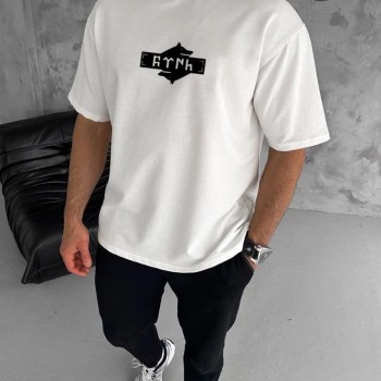 Erkek Kısa Kol Yazlık Tişört Bisiklet Yaka Baskılı Oversize T-Shirt - Beyaz
