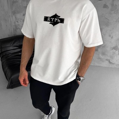 Erkek Kısa Kol Yazlık Tişört Bisiklet Yaka Baskılı Oversize T-Shirt - Beyaz