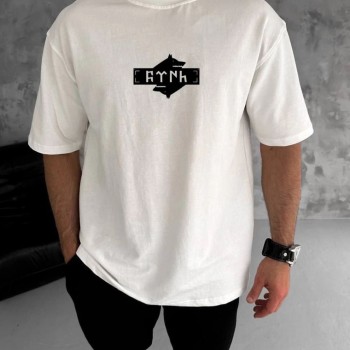 Erkek Kısa Kol Yazlık Tişört Bisiklet Yaka Baskılı Oversize T-Shirt - Beyaz