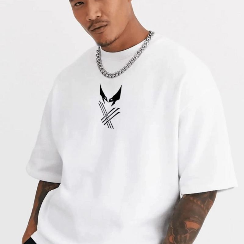 Erkek Kısa Kol Yazlık Tişört Bisiklet Yaka Baskılı Oversize T-Shirt - Beyaz