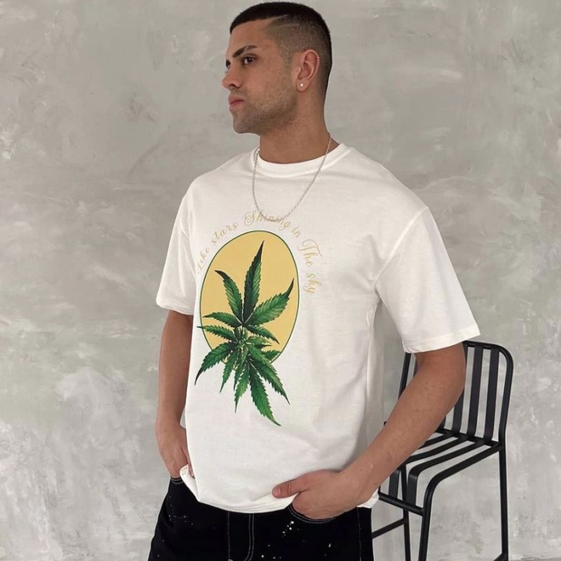 Erkek Kısa Kol Yazlık Tişört Bisiklet Yaka Baskılı Oversize T-Shirt - Beyaz