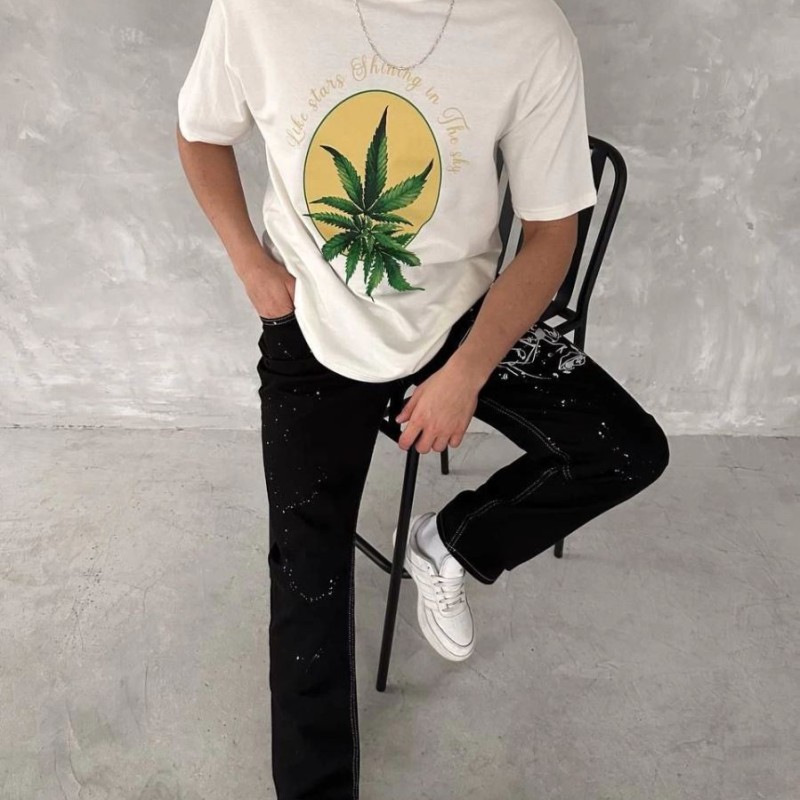 Erkek Kısa Kol Yazlık Tişört Bisiklet Yaka Baskılı Oversize T-Shirt - Beyaz