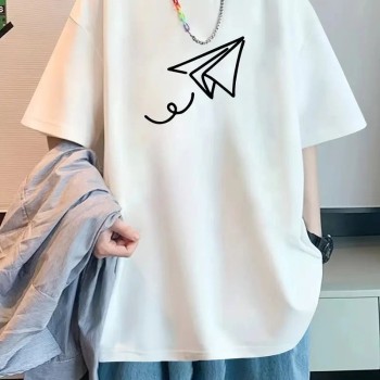 Erkek Kısa Kol Yazlık Tişört Bisiklet Yaka Baskılı Oversize T-Shirt - Beyaz