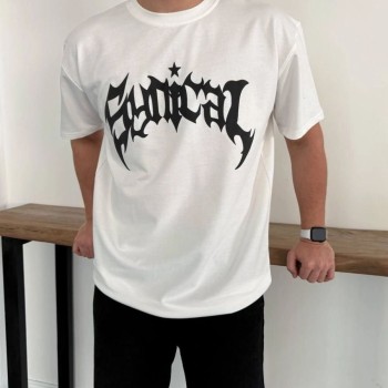 Erkek Kısa Kol Yazlık Tişört Bisiklet Yaka Baskılı Oversize T-Shirt - Beyaz