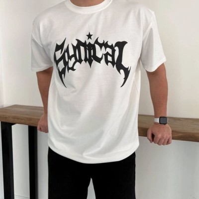 Erkek Kısa Kol Yazlık Tişört Bisiklet Yaka Baskılı Oversize T-Shirt - Beyaz