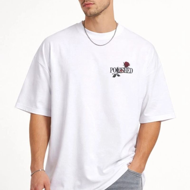 Erkek Kısa Kol Yazlık Tişört Bisiklet Yaka Baskılı Oversize T-Shirt - Beyaz