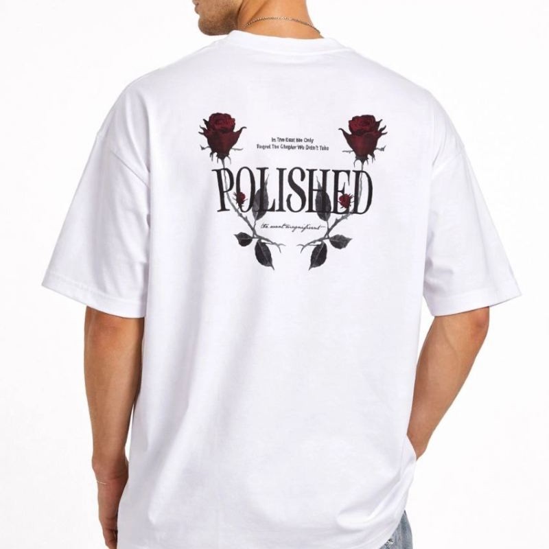Erkek Kısa Kol Yazlık Tişört Bisiklet Yaka Baskılı Oversize T-Shirt - Beyaz