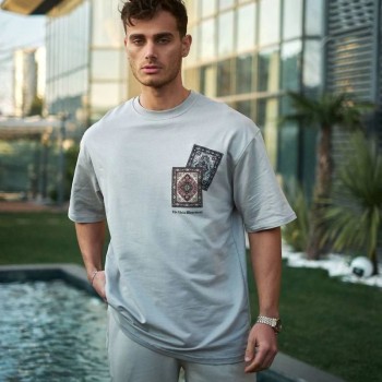 Erkek Kısa Kol Yazlık Tişört Bisiklet Yaka Baskılı Oversize T-Shirt - Boyalı Gri