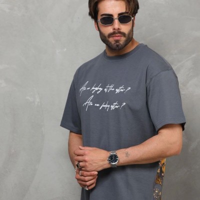 Erkek Kısa Kol Yazlık Tişört Bisiklet Yaka Baskılı Oversize T-Shirt - Füme