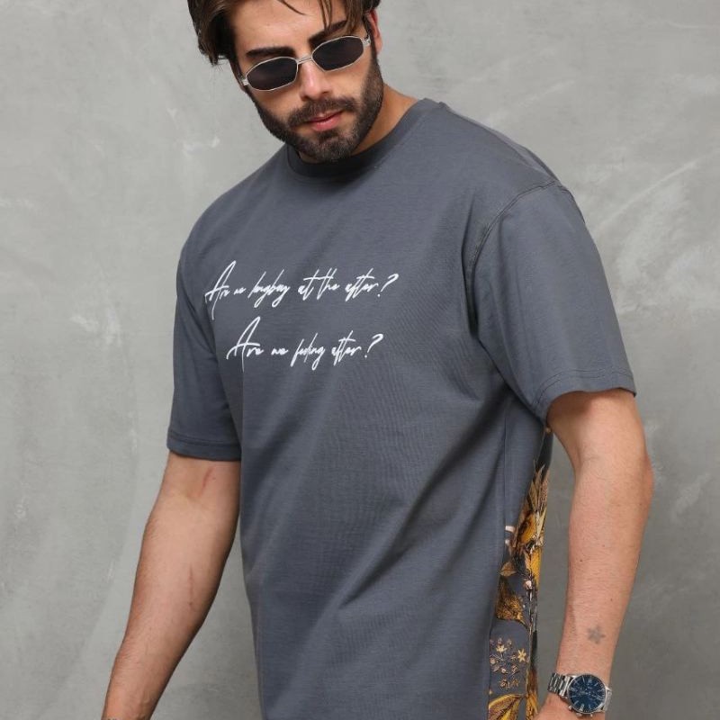 Erkek Kısa Kol Yazlık Tişört Bisiklet Yaka Baskılı Oversize T-Shirt - Füme