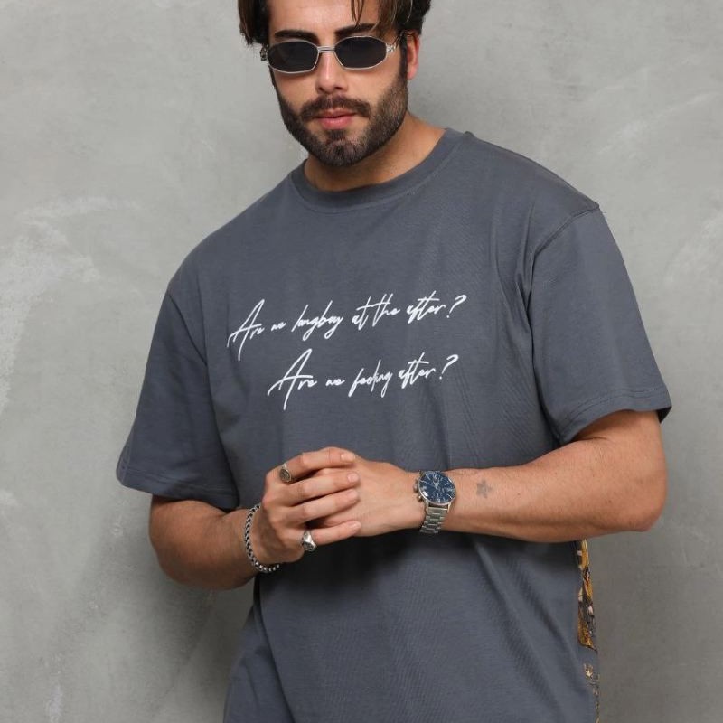 Erkek Kısa Kol Yazlık Tişört Bisiklet Yaka Baskılı Oversize T-Shirt - Füme