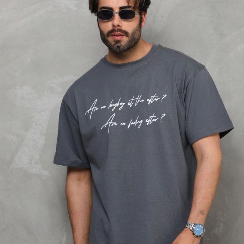 Erkek Kısa Kol Yazlık Tişört Bisiklet Yaka Baskılı Oversize T-Shirt - Füme