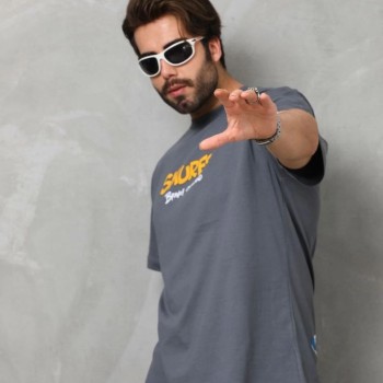 Erkek Kısa Kol Yazlık Tişört Bisiklet Yaka Baskılı Oversize T-Shirt - Füme