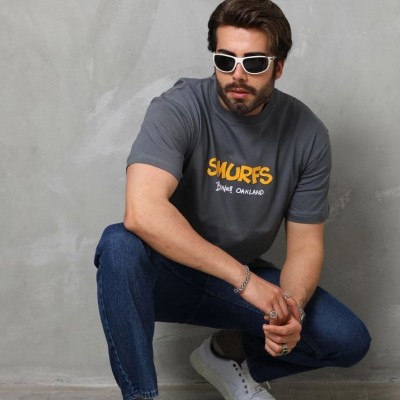 Erkek Kısa Kol Yazlık Tişört Bisiklet Yaka Baskılı Oversize T-Shirt - Füme
