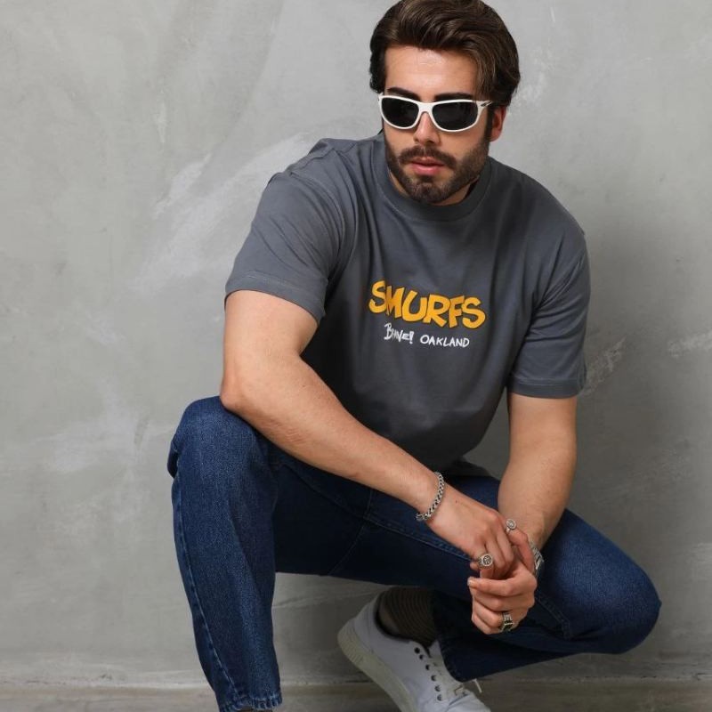 Erkek Kısa Kol Yazlık Tişört Bisiklet Yaka Baskılı Oversize T-Shirt - Füme