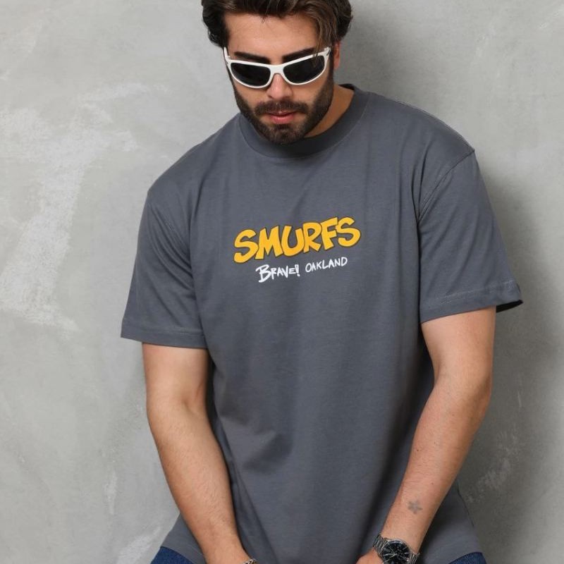 Erkek Kısa Kol Yazlık Tişört Bisiklet Yaka Baskılı Oversize T-Shirt - Füme