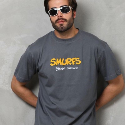 Erkek Kısa Kol Yazlık Tişört Bisiklet Yaka Baskılı Oversize T-Shirt - Füme