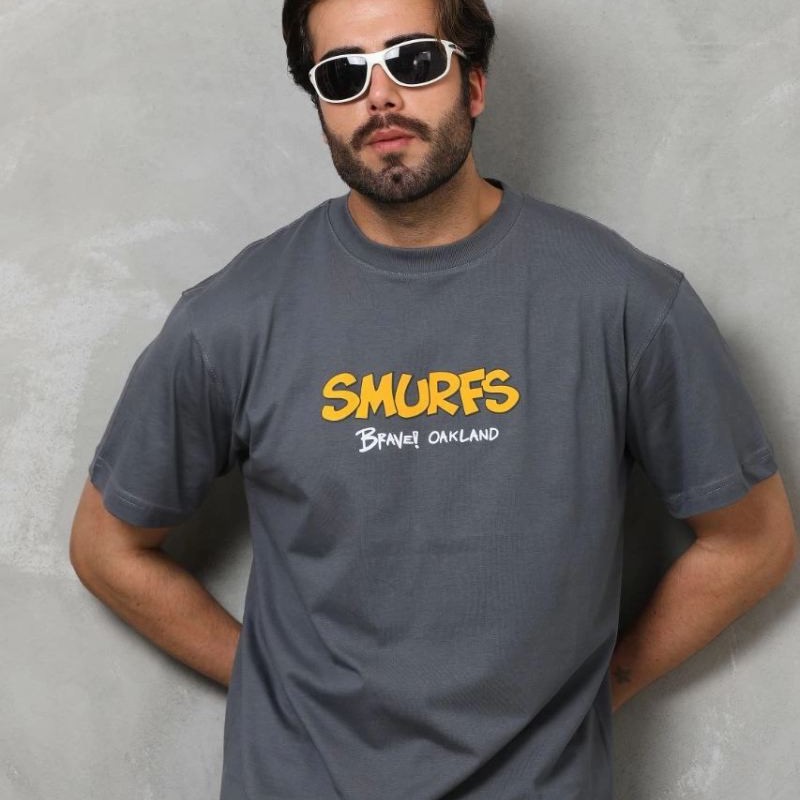 Erkek Kısa Kol Yazlık Tişört Bisiklet Yaka Baskılı Oversize T-Shirt - Füme