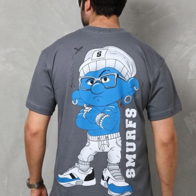 Erkek Kısa Kol Yazlık Tişört Bisiklet Yaka Baskılı Oversize T-Shirt - Füme