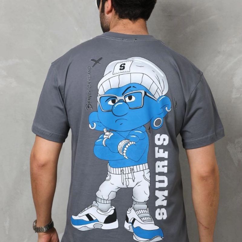 Erkek Kısa Kol Yazlık Tişört Bisiklet Yaka Baskılı Oversize T-Shirt - Füme