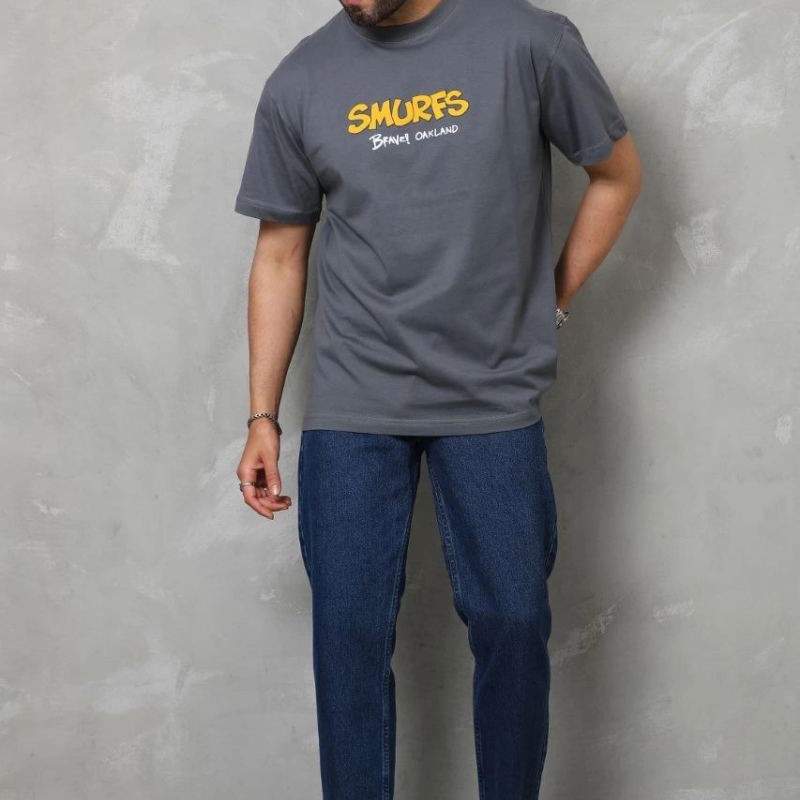 Erkek Kısa Kol Yazlık Tişört Bisiklet Yaka Baskılı Oversize T-Shirt - Füme