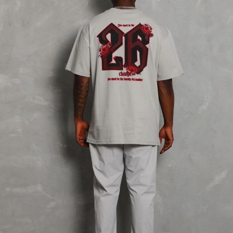 Erkek Kısa Kol Yazlık Tişört Bisiklet Yaka Baskılı Oversize T-Shirt - Gri