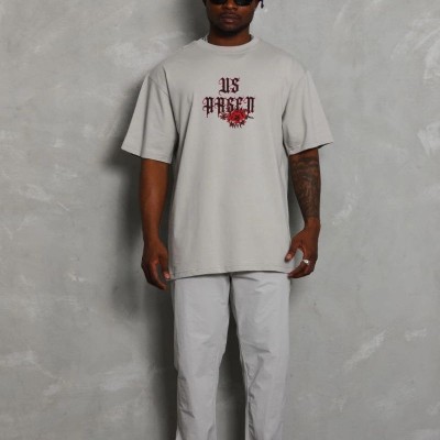 Erkek Kısa Kol Yazlık Tişört Bisiklet Yaka Baskılı Oversize T-Shirt - Gri