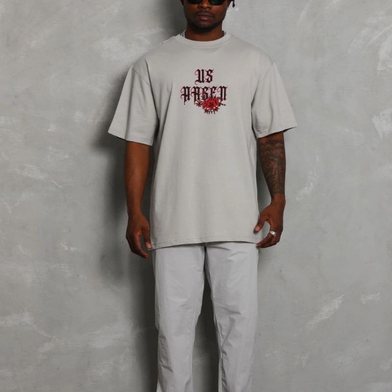 Erkek Kısa Kol Yazlık Tişört Bisiklet Yaka Baskılı Oversize T-Shirt - Gri