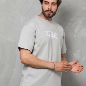 Erkek Kısa Kol Yazlık Tişört Bisiklet Yaka Baskılı Oversize T-Shirt - Gri