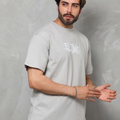 Erkek Kısa Kol Yazlık Tişört Bisiklet Yaka Baskılı Oversize T-Shirt - Gri