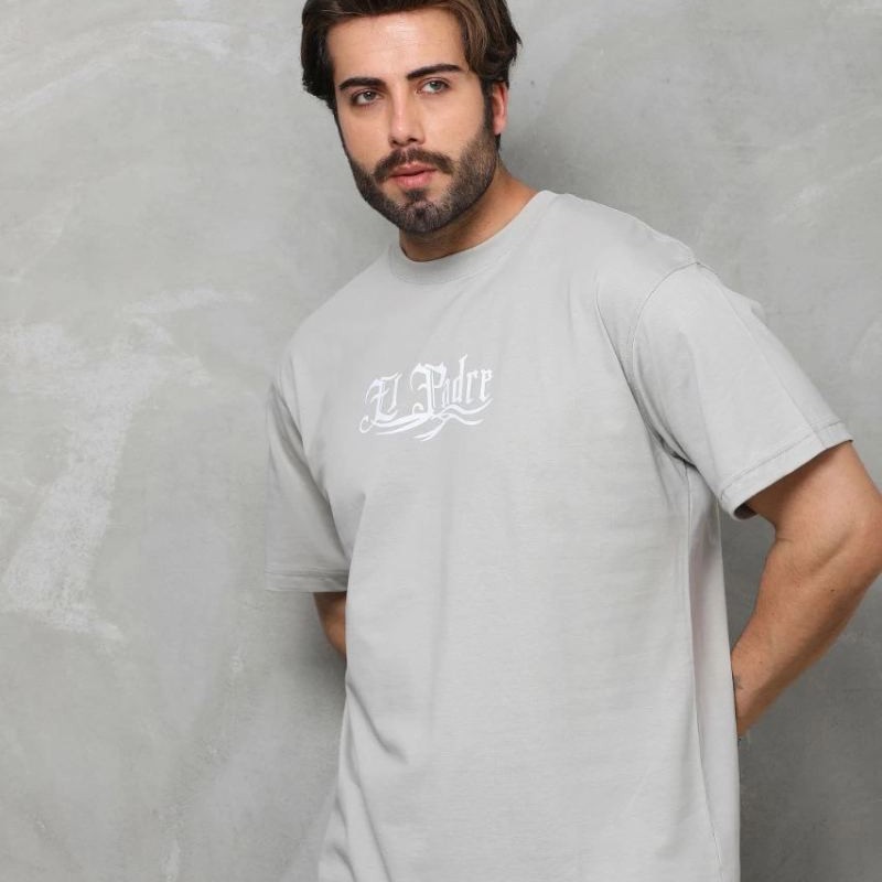 Erkek Kısa Kol Yazlık Tişört Bisiklet Yaka Baskılı Oversize T-Shirt - Gri