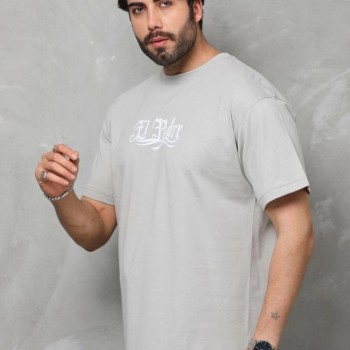 Erkek Kısa Kol Yazlık Tişört Bisiklet Yaka Baskılı Oversize T-Shirt - Gri