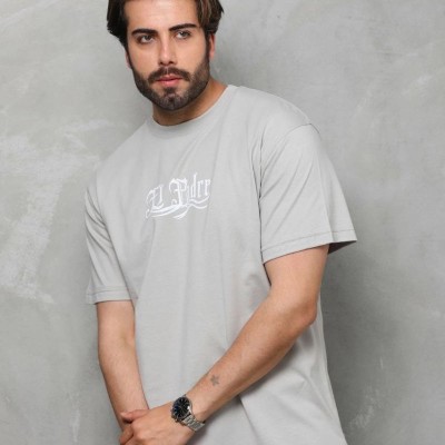 Erkek Kısa Kol Yazlık Tişört Bisiklet Yaka Baskılı Oversize T-Shirt - Gri