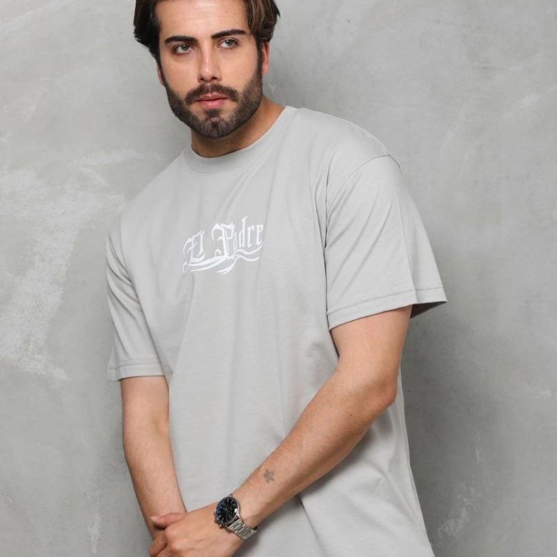 Erkek Kısa Kol Yazlık Tişört Bisiklet Yaka Baskılı Oversize T-Shirt - Gri