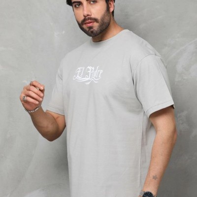 Erkek Kısa Kol Yazlık Tişört Bisiklet Yaka Baskılı Oversize T-Shirt - Gri