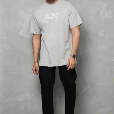 Erkek Kısa Kol Yazlık Tişört Bisiklet Yaka Baskılı Oversize T-Shirt - Gri