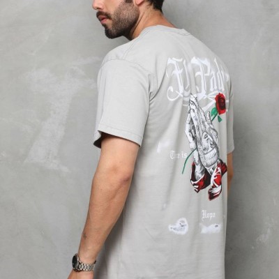Erkek Kısa Kol Yazlık Tişört Bisiklet Yaka Baskılı Oversize T-Shirt - Gri