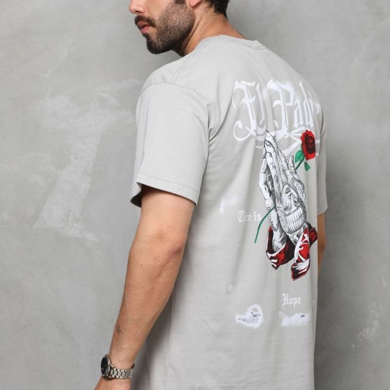 Erkek Kısa Kol Yazlık Tişört Bisiklet Yaka Baskılı Oversize T-Shirt - Gri