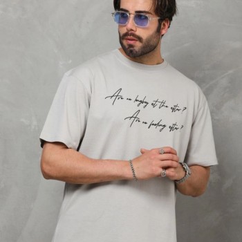 Erkek Kısa Kol Yazlık Tişört Bisiklet Yaka Baskılı Oversize T-Shirt - Gri