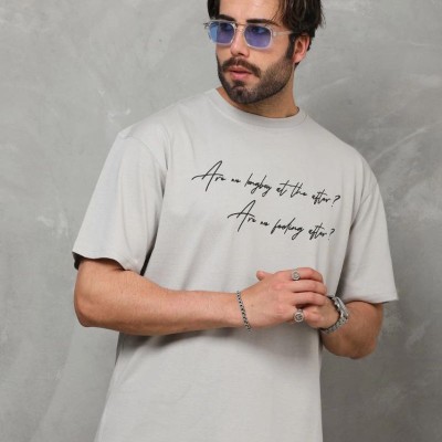 Erkek Kısa Kol Yazlık Tişört Bisiklet Yaka Baskılı Oversize T-Shirt - Gri
