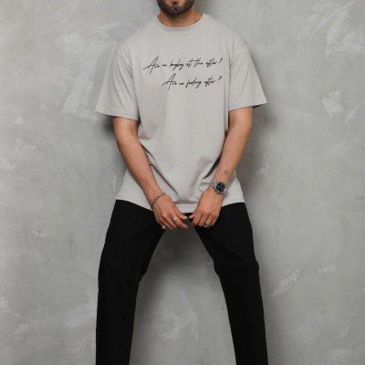 Erkek Kısa Kol Yazlık Tişört Bisiklet Yaka Baskılı Oversize T-Shirt - Gri