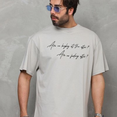 Erkek Kısa Kol Yazlık Tişört Bisiklet Yaka Baskılı Oversize T-Shirt - Gri