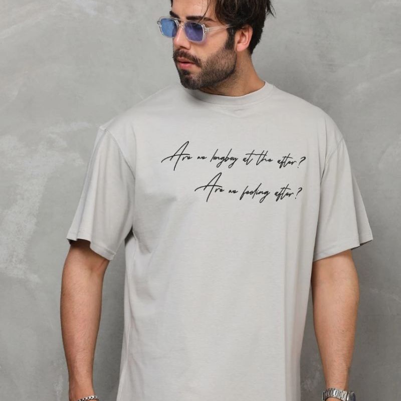 Erkek Kısa Kol Yazlık Tişört Bisiklet Yaka Baskılı Oversize T-Shirt - Gri